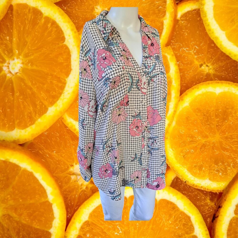 Candies Grandma Chic Floral with Front Ruffle‎ Button Up Shirt Size 2XL